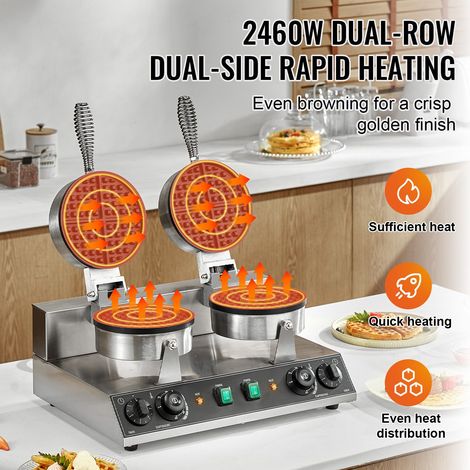 Gaufrier belge pro double 2460W inox antiadhésif avec minuterie et thermostat, poignée, pour café restaurant boulangerie snack bar domicile (1/5)