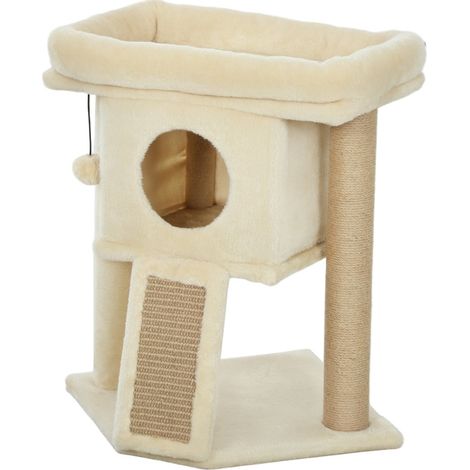 Árbol rascador para gatos con yute, plataforma, casita y pelota, beige 40 x 40 x 57 cm (1/5)