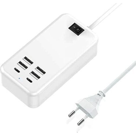 USB C, chargeur USB à 6 ports, 2 ports USB-C + 4 ports USB-A, chargeur multi-USB compatible avec plusieurs appareils tels que iPhone/Samsung/tablette