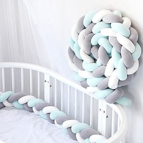 3M Tour de Lit Coussin Serpent Coussin Tressé Pare-chocs Velours Protection Bébé (Blanc+Gris+Bleu) (1/4)