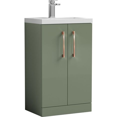Balterley Bramshall Compact Bathroom Cloakroom Vanity Basin Unit with Ceramic Basin, Copper Handles, 500mm, Satin Green
