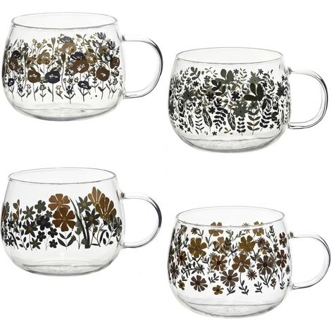 Set 4 Tazze Colazione in Vetro Borosilicato 33cl The Tisane Infusi Cappuccino e Cioccolata Calda latte Bolo Ciotola Tazza Capiente Bombata con Manico  decori floreali eleganti particolari moderne (1/5)