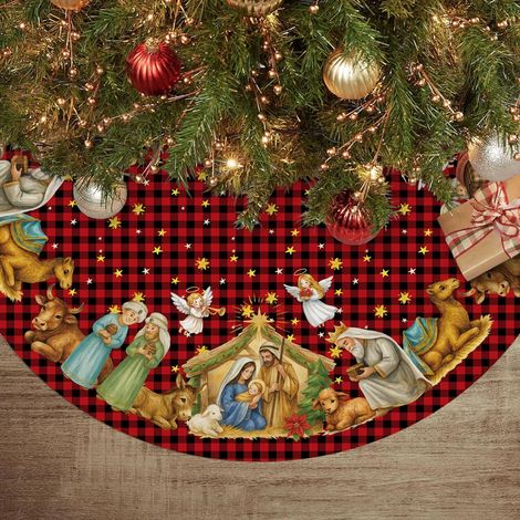 Jupe de sapin de Noël 61 cm - Tapis de sapin de Noël à carreaux Buffalo, motif Nativité et Nuit Sainte, décoration festive de Noël avec anges et animaux pour les fêtes d'hiver à l'intérieur de la mais (1/5)