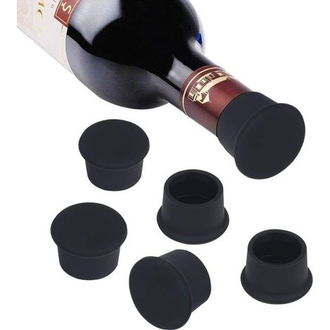 Juego de 6 tapones de silicona para vino，tapones redondos para botellas，tapones de silicona reutilizables，negro (1/5)
