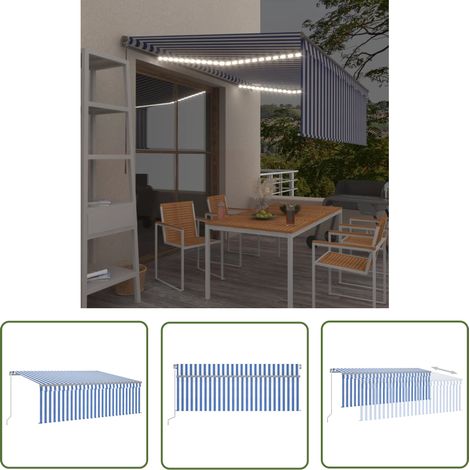 The Living Store Markise Manuell Einziehbar mit Rollo LED 4x3m Blau und Weiß - Ausziehbare Markise - Sonnenschutz - Gartendekoration - Terrassenüberdachung - Balkonmarkise (1/5)
