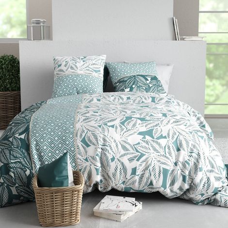 Parure housse de couette 260x240cm + 2 taies motif feuillage vert et blanc 100% coton - OLIZE (1/4)