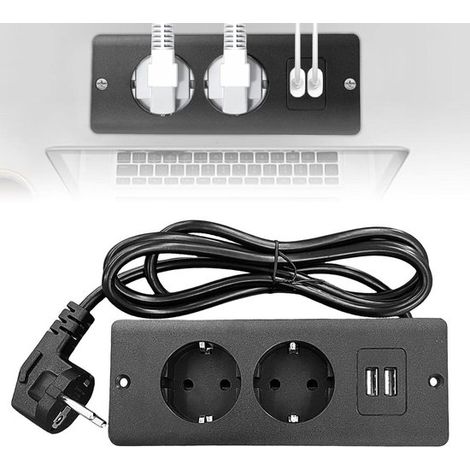 Enchufe empotrado de 2 vías con USB y cable de 1,5 m - Negro para mesa de trabajo, encimera o mesa de conferencias
