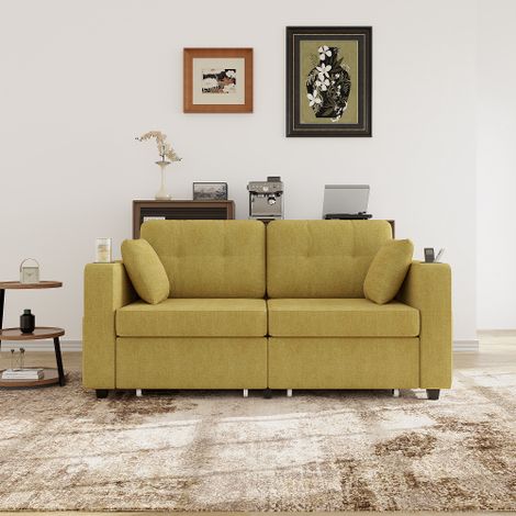 Sofá recto de 2 plazas con 2 cajones, USB, portavasos y bolsillos laterales, amarillo, 172x75x82 cm (1/5)