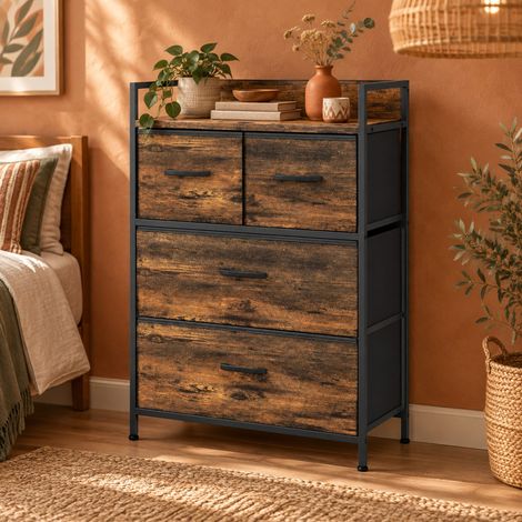 Commode industrielle 4 tiroirs en tissu, 60 x 29 x 85 cm, brun et noir OKMYHOME (1/5)