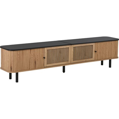 Mueble de TV moderno 190 x 35 x 45 cm de MDF y aglomerado, roble, puertas correderas y rejilla (1/5)