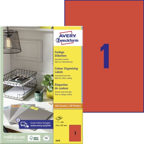 Avery Zweckform 3470 Farbige Etiketten, A4, 210 x 297 mm, 100 Bogen/100 Etiketten, rot (1/5)