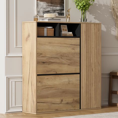 Zapatero con 2 abatibles y 1 puerta, 90 x 24 x 94 cm, madera natural y negro, REDOM (1/5)