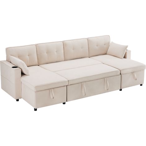 Sofá cama esquinero en U de algodón y lino beige con portavasos y almacenaje (1/5)