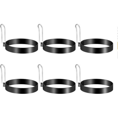 Set di 6 stampini rotondi in acciaio inox con manici, ideali per preparare uova fritte, pancake e omelette. (1/4)