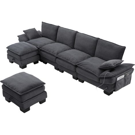 Canapé modulable 4 places en velours côtelé avec 2 poufs – design ergonomique, large surface d'assise, mousse haute densité, port USB-C, couleur gris foncé (1/5)