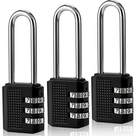 3 stelliges Zahlenschloss, 5,6 cm langes Ösenschloss, reparierbares Kofferschloss, Zahlenschloss für Spinde und Koffertore 3er Pack Schwarz (1/5)
