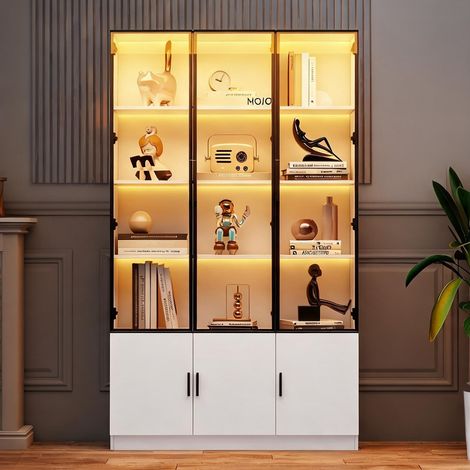 Vitrine haute 120 x 32 x 200 cm 6 portes en verre blanc LED (1/5)