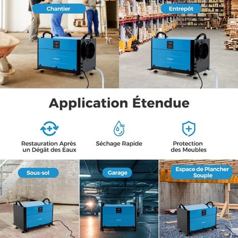 Déshumidificateur bleu 73,5 L/j avec 3 modes et minuterie 24 h, tuyau et dégivrage automatique pour cave, garage et entrepôt (1/5)