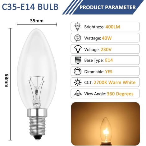 Lampadina a candela trasparente E14 40W, lampadina a incandescenza dimmerabile, luce bianca calda 2700K, 400LM, lampadina effetto fiamma, lampadine a candela con attacco a vite Edison E14, confezione (1/4)