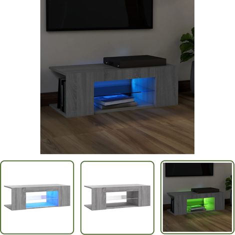 The Living Store TV-Schrank mit LED-Leuchten Grau Sonoma 90x39x30 cm - TV-Schrank - Holzwerkstoff Möbel - Grauer Wohntisch - LED Beleuchtung - Medienregal (1/5)