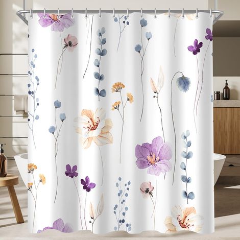 Rideau de douche 240 x 200 cm, motif fleur violette, ourlet lesté, anti-moisissure, imperméable, lavable, en polyester, avec 16 œillets et anneaux de rideau de douche, pour salle de bain (1/5)