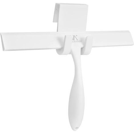 Raclette de Douche pour Portes de Douche en Verre de Salle de Bain 28cm Raclette en Silicone sans Perceuse, pour Miroir, Pare-Brise, avec Crochet de Suspension, Poignée Antidérapante (Noir) (Blanc) (1/5)