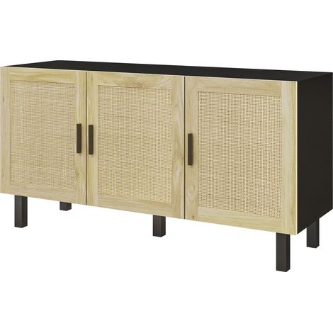 Meuble rangement placards portes effet cannage étagères réglables noir bois naturel 136 x 41 x 70 cm