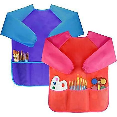 Tablier de Peinture Enfant Manches Longues Lot de 2, Protection Dessin Bricolage, Taille 2-8 Ans, Couleurs Bleu et Rouge (1/5)