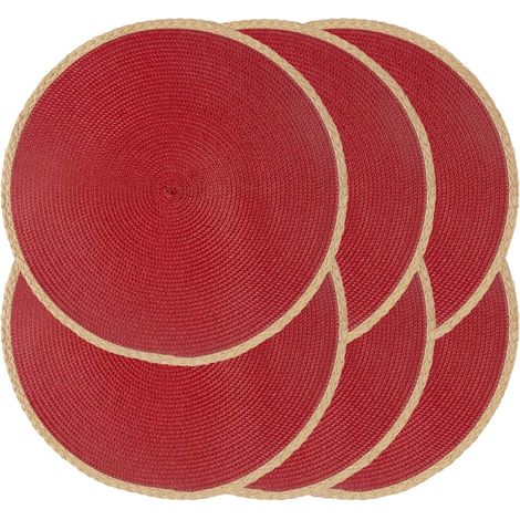 Juego de manteles individuales sencillos tejidos, 6 piezas, redondos, decorativos y antideslizantes, color rojo oscuro, diámetro 38 cm. (1/5)