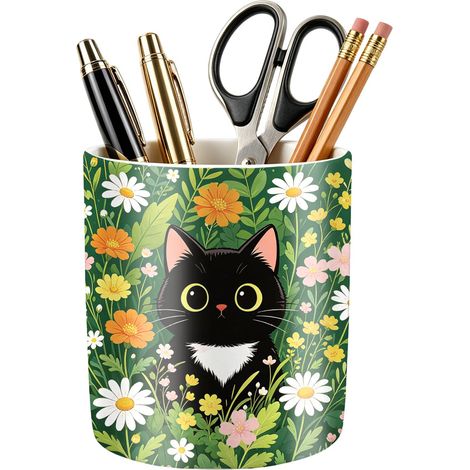 Pot à Crayons Céramique Chat Noir Fleuri Jardinière Céramique Tasse à Crayons Fleurs Sauvages Marguerite Porte Pinceaux de Maquillage pour Bureau Cuisine Salon Salle de Bains (1/5)
