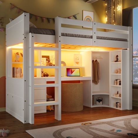 Lit mezzanine 90x200cm - lit enfant avec éclairage LED, armoire, bureau, tiroirs, compartiments de rangement - sans matelas, blanc (1/5)