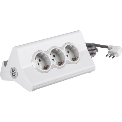 Multiprise de Bureau avec 10 A, 3 Prises P30, 2 Prises USB, avec Interrupteur, Longueur du câble 2 mètres, Blanc, S3713DBU (1/4)
