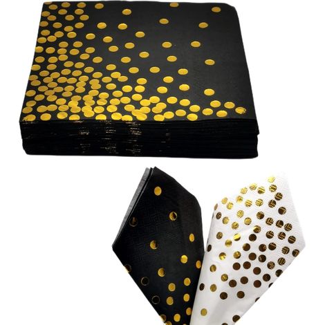 Serviettes En Papier - 50 Pièces - Noir Et Or - Motif Pois - 33x33 Cm - Cocktail Et Dîner (1/5)