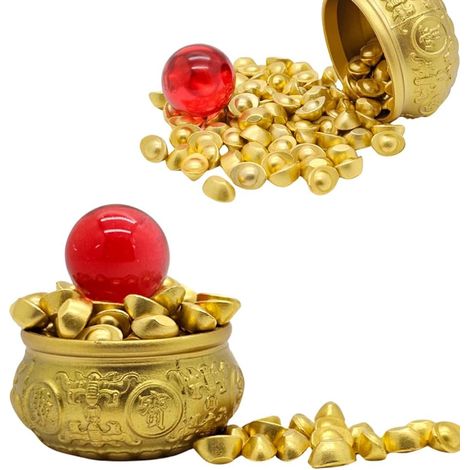 Bassin Feng Shui laiton avec 100 lingots + boule rouge, ornement richesse pour bureau ou maison (1/4)