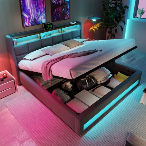 Cama tapizada moderna 140x200 cm en gris con LED, USB y almacenaje abatible (1/5)