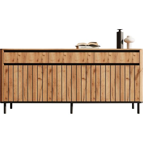 CHICFURN Buffet bas 160 cm en MDF, meuble TV et console d'entrée avec 3 tiroirs, 3 portes persiennes, 6 pieds métal, bords arrondis, finition bois clair (1/5)
