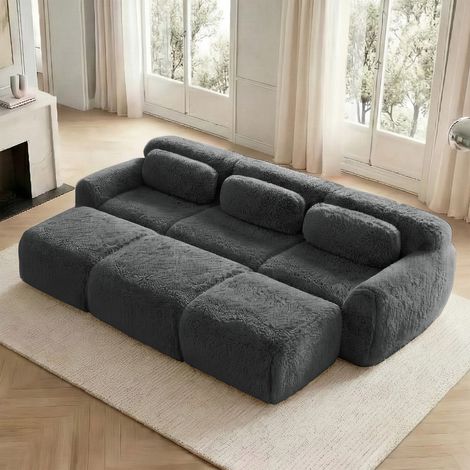 Canapé Modulaire 3 Places en Tissu Suédé avec 3 Tabourets, Base Antidérapante, Assise Large, Gris (1/5)