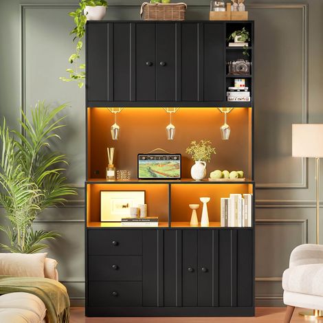 Credenza alta 100x40x180 cm, con vetrina, porta bicchieri, prese integrate, LED RGB, MDF nero (1/5)