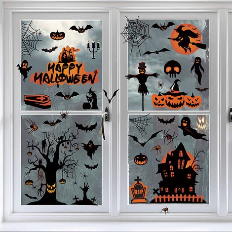 Décalcomanies Fenêtre Halloween - Adhésif Sans Colle Pour Vitre Porte Carrelage - Décoration Fête Thème Fantôme Sorcière - Lot de 12 (1/5)