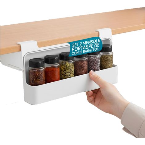Lot de 2 portes à épices pour cuisine extensibles avec 6 bocaux en verre avec couvercle hermétique, organisateur réglable pour armoires et étages, facile à assembler et à nettoyer (1/5)