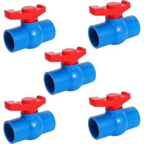 Lot de 5 vannes à bille en PVC-U à passage intégral, poignée rouge, 40 mm x 40 mm, bleues (1/5)
