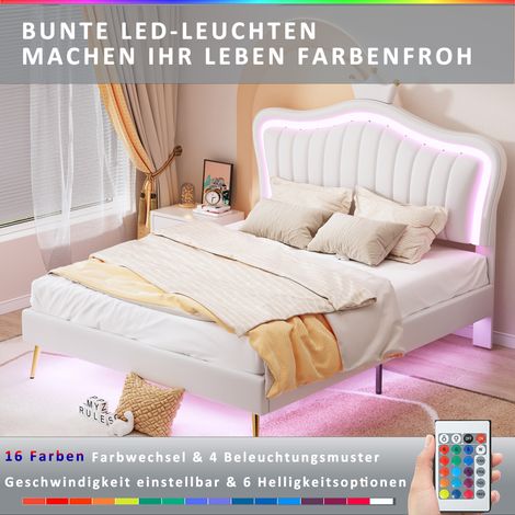 Redom – Lit enfant capitonné 140 x 200 cm – Cadre double avec LED – Cuir PU blanc – Sommier à lattes – Design coquille moderne (1/5)