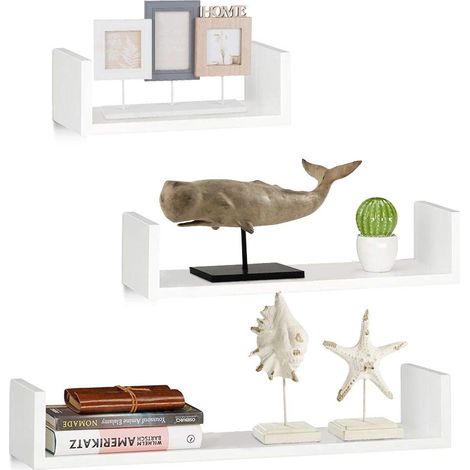Lot de 3 étagères murales Modernes Design avec Bords latéraux, étagère 1 étagère en Bois MDF différentes Dimensions (Blanc) (1/5)