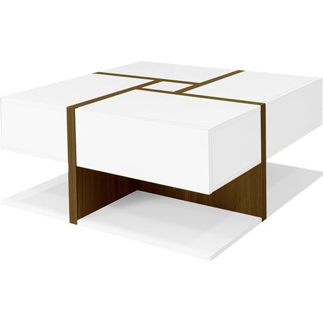 Table basse carrée blanche et bois à 4 tiroirs avec rangement bas, finition brillante et motif lignes colorées, pour salon moderne et organisé CHICFURN (1/5)