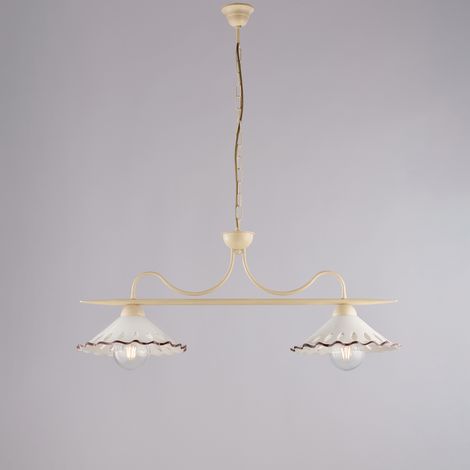 Lustre Osteria Fer Ivoire, Déco Effet Décapé, Diffuseurs Céramique D.30 Blanc/Marron, 2 Lumières, Format 83X30 Cm