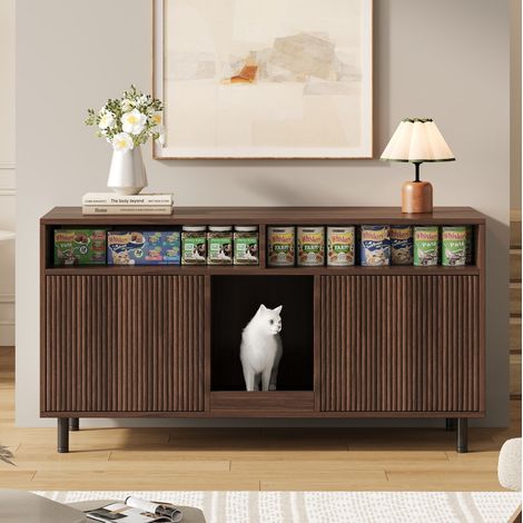 Mobile copri lettiera per gatti 120x50x66 cm, con 2 porte, tappetino raccogli sabbia, mensola e vani, MDF, noce (1/5)