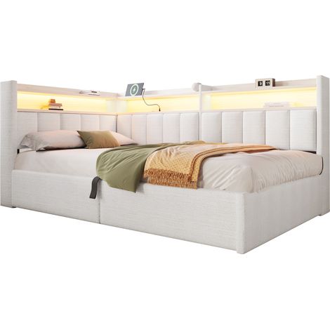 Lit banquette coffre 90x200 cm en velours blanc crème avec hydraulique, LED, USB et meuble latéral réversible gauche/droite (1/5)