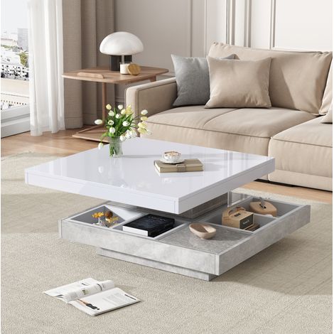 Tavolino da salotto in truciolare bianco e marmo, 70 cm, girevole 360° con ripiano a 2 livelli (1/5)