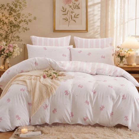 Parure de lit réversible en microfibre avec 1 housse de couette de 200 x 220 cm et 2 taies d'oreiller de 80 x 80 cm, motif nœud papillon blanc et rose pour fille (1/5)