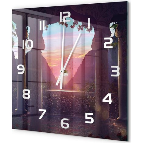 Grande Horloge Murale Carrée en Verre Trempé Moderne Silencieuse Sans Tic-Tac Architecture orientale 60x60 cm (1/5)